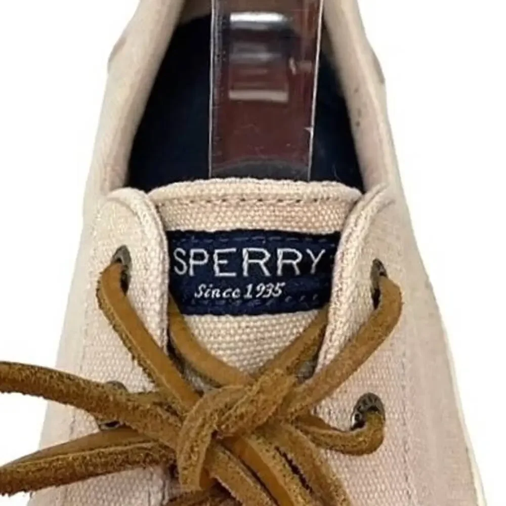 SPERRY Crest Vibe Oat Beige Linen Sneaker Cowhide Leather Laces ~ Women's Size 8